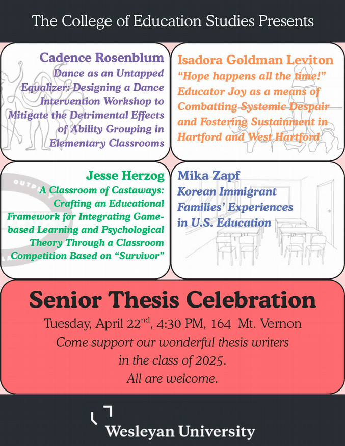 Senior Thesis Celebration April 22 at 4:30 at 164 Mt. Vernon St